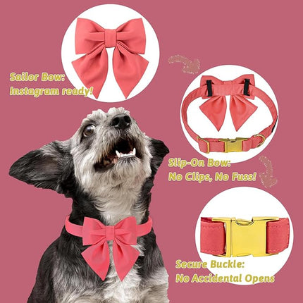 Maca Bates Peach Pink Dog Collar with Cute Solid Sailor Bow Tie for Extra Small Girl Boy Dogs,Girly Adjustbale Durable Breakaway Soft Collars with Bowtie for Female Male Puppy,Pet with Metal Buckle