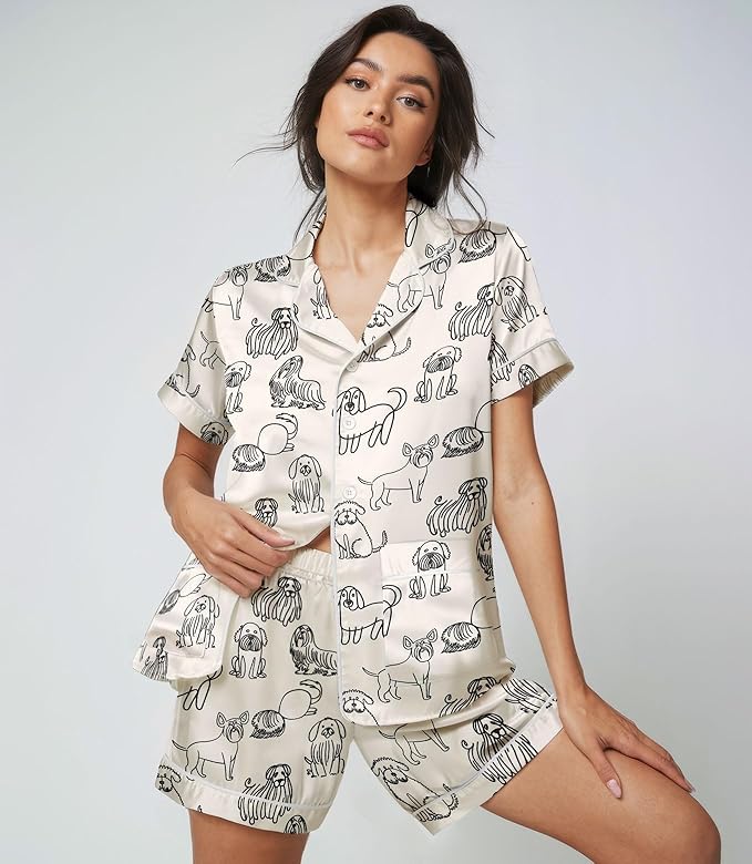 Women’s Silk Satin Pajama Set, Short Sleeve Button Down 2 Piece PJs with Shorts, Cozy Loungewear & Matching Holiday Pajamas