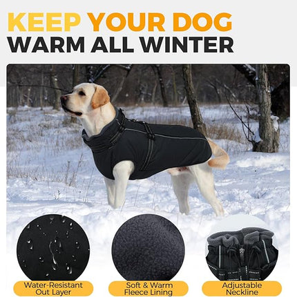 Lelepet Dog Coat with Harness Built in, Waterproof Dog Jacket for Large Dogs Reflective Winter Jacket with Zip Warm Cold Weather Coats for Dogs,Turtleneck Pet Snowsuit, Great Dane, Black, XXXL
