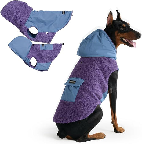Spark Paws Reversible Fleece Dog Jacket, Hooded Sweater Vest, Warm Coat for Winter - Suitable for Small Medium Large XL XXL Dogs - Purple and Navy Blue - 3XL