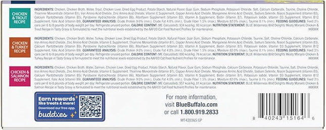 Blue Buffalo Wilderness Wild Delights High Protein Grain Free, Natural Adult Meaty Morsels Wet Cat Food, Chicken & Turkey, Chicken & Trout, Chicken & Salmon 3-oz cans (12 Count - 4 of Each Flavor)