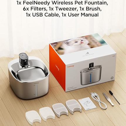 Cordless Cat Water Fountain, Battery Operated, 4L/135fl oz Stainless Steel Pet Water Fountain for Cats Dogs with Motion Sensor, Ultra Quiet Cat Drinking Fountain with 6 Filters (YPD-C004S)