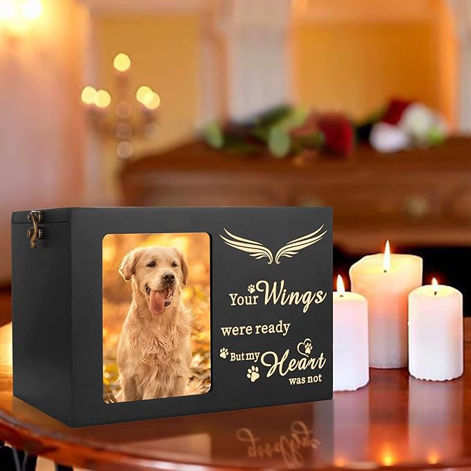 DGDCDV Large Pine Wood Pet Memorial Urns for Dog or Cat Ashes with Black Flannel Lining, Photo Frame, Wings Pattern, 140 Cubic Inches Capacity
