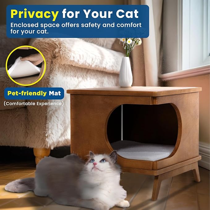 Wooden Cat Bed End Table – 15.7"x15.3"x15.7" Modern Cat Furniture for Bedroom & Living Room – Nightstand Pet House with Removable Cushion – Cat Hideaway Side Table with Natural Wood Finish