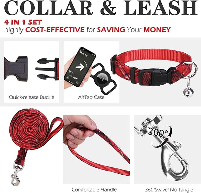 EXPAWLORER Classic Plaid Puppy Harness - Small Dog Harness and Leash Set - Dog Collar and Leash Set with AirTag Holder, Soft Padded Step in Dog Vest Harness No Pull Reflective for Outdoor, Red XXS