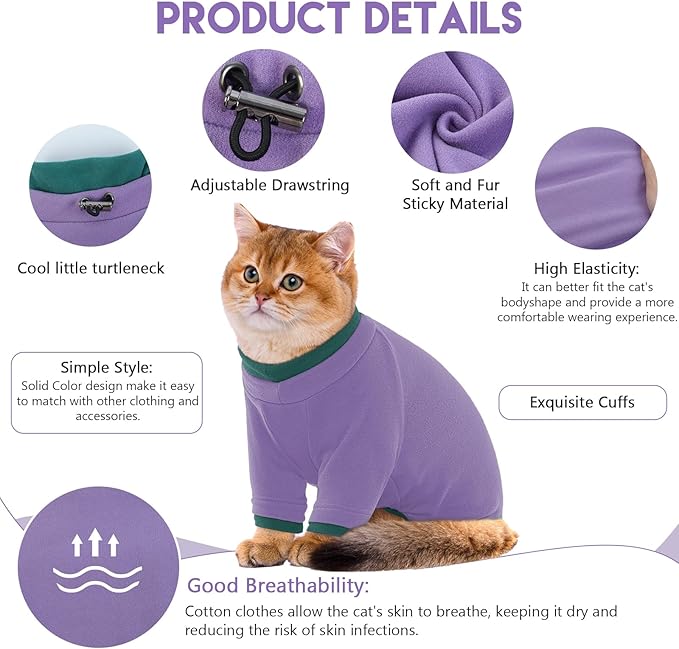 Sticky Cat Clothes Stretchy, Sphynx Hairless Sweater & Pajamas for Cats only, Soft Cat Onesie for Cats After Surgery Female Male & Hair Loss Prevention, Purple XL