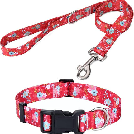 Dog Collar and Leash Set with Bohemia Floral Tribal Geometric Patterns - Soft Ethnic Style Collar Adjustable for Small Medium Large Dogs(Red Floral Set,M)