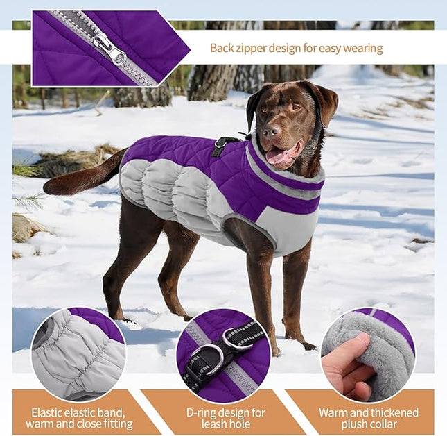 Large Dog Coat, XXLarge Dog Winter Coat, Waterproof Pet Jacket with Back Zipper,Extra Large Pet Coats, Warm Fleece Jacket with D-Ring, Windproof Winter Clothes Golden Retriever,Purple,XXL