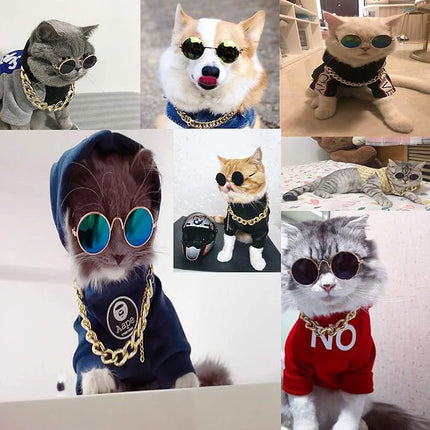 Legendog , 2pcs Fashion Cool Pet Sunglasses Adjustable Pet gold chain Set for Cats and Small Dogs