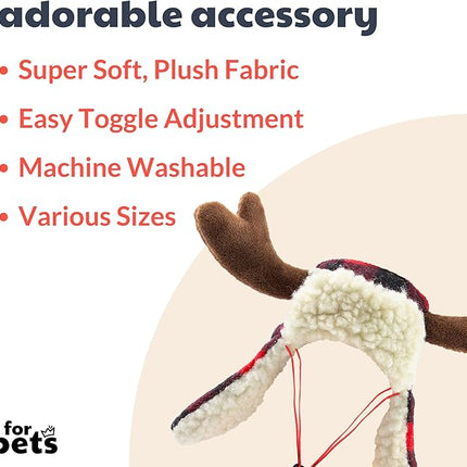 Huxley & Kent Pet Hat | Antler Buffalo Check (Medium) | Festive Christmas Holiday Accessory for Dogs/Cats | Holiday Pet Hat | SnugFit Sliding Toggles for Best Fit