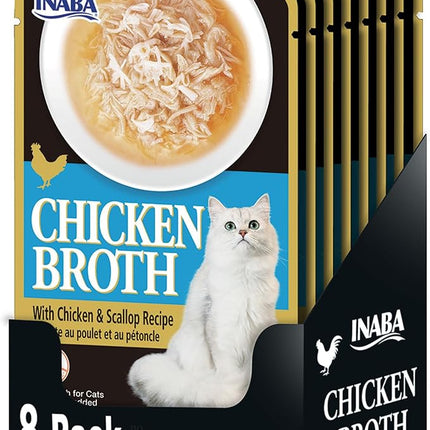 INABA Chicken Broth, Side Dish/Topper for Cats with Vitamin E, 1.76 Ounce Pouch, 8 Pouches Total, Chicken and Scallop Recipe