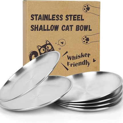 6-Pack Stainless Steel Cat Food Bowls, Shallow Whisker-Friendly Non-Slip Silicone Base Metal Dishes, Easy to Clean Indoor Feeding Flat Plates for Cat, Kitten, Small Dog (6.7")