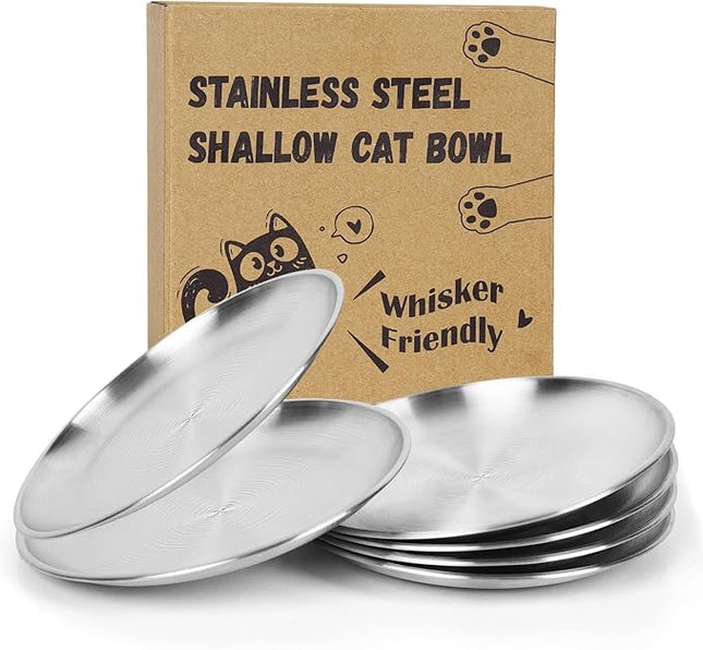 6-Pack Stainless Steel Cat Food Bowls, Shallow Whisker-Friendly Non-Slip Silicone Base Metal Dishes, Easy to Clean Indoor Feeding Flat Plates for Cat, Kitten, Small Dog (6.7")