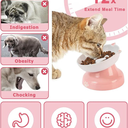 Y YHY Ceramic Slow Feeder Cat Bowl, Elevated Cat Bowl Tilted Design Slow Feeder for Dog and Cat for Dry and Wet Food, Pink