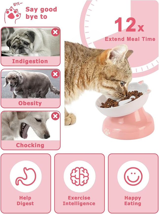 Y YHY Ceramic Slow Feeder Cat Bowl, Elevated Cat Bowl Tilted Design Slow Feeder for Dog and Cat for Dry and Wet Food, Pink