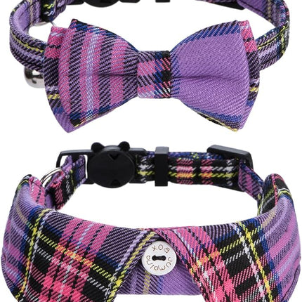 Faleela 2 Pack/Set Cat Collar with Cute Bow Tie and Bell,Breakaway Plaid Shirt Collar for Kitty Adjustable Safety