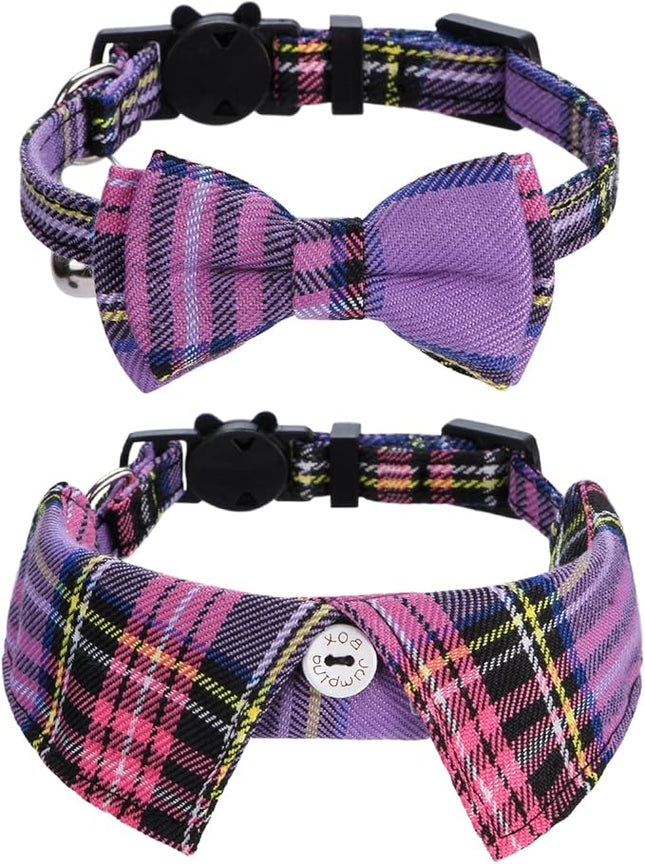 Faleela 2 Pack/Set Cat Collar with Cute Bow Tie and Bell,Breakaway Plaid Shirt Collar for Kitty Adjustable Safety