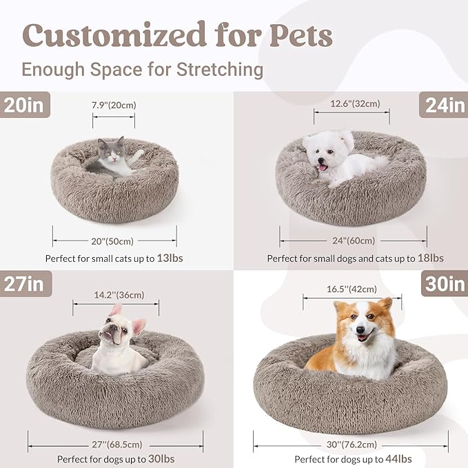 rabbitgoo Cat Beds for Indoor, 20 inches Machine Washable, Fluffy Round Pet Bed Non-Slip, Calming Soft Plush Donut Cuddler Cushion Self Warming for Small Dogs Kittens, Khaki, Medium