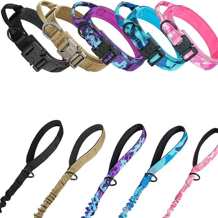 Hotsky Tactical Dog Collar and Leash Set, Heavy Duty Military Airtag Dog Collar with Handle and Metal Buckle for Training and Walking, with Airtag Holder and Two Patches (Blue Camo, L)