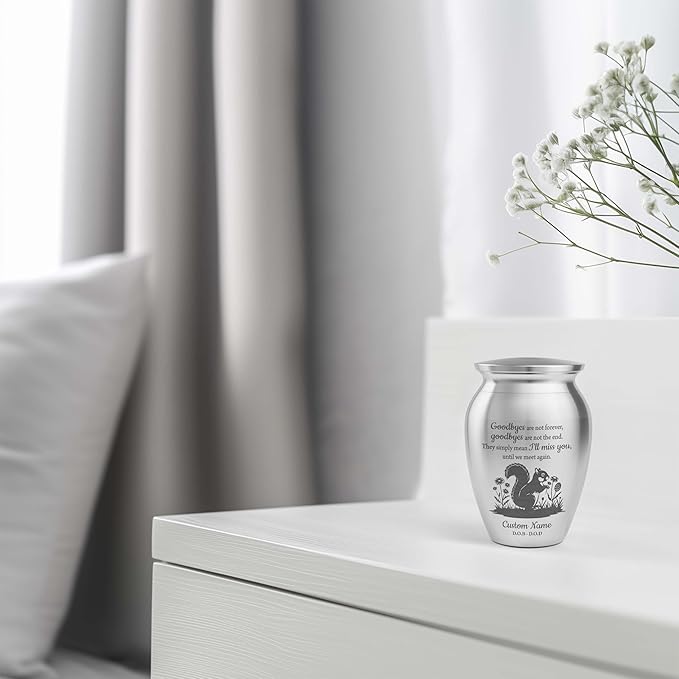 Artsy Woodsy Squirrel Memorial Mini Urn for Human Ashes Keepshake, Decorative Keepsake Urn with Engraved Squirrel 2.56 inch, Small Memorial Gifts for Pet Lovers (02, 2.56x1.77)