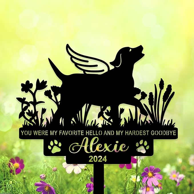 Personalized Dog Memorial Grave Marker, Custom Pet's Name Cemetery Decorations for Funerary, Metal Dog Burial Garden Stake, Outdoor Sympathy Angel Handstone Stake Plaque Gift for Loss