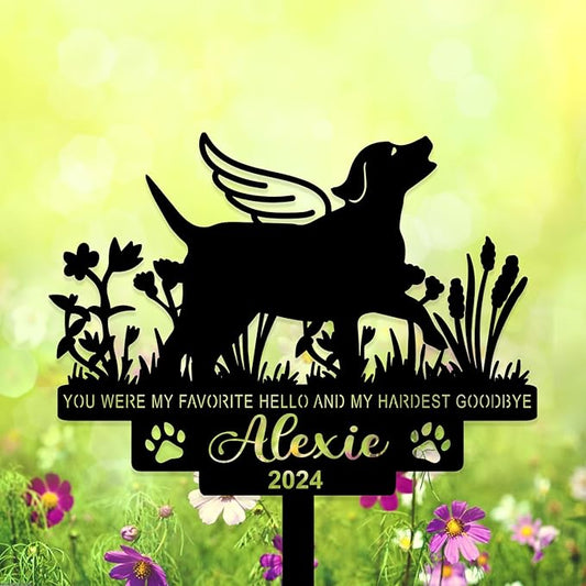 Personalized Dog Memorial Grave Marker, Custom Pet's Name Cemetery Decorations for Funerary, Metal Dog Burial Garden Stake, Outdoor Sympathy Angel Handstone Stake Plaque Gift for Loss