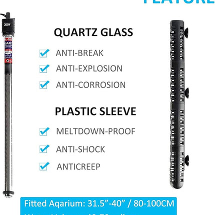 100W/300W/500W Aquarium Heater Submersible 10-90 Gallon 300 Watt Fish Tank Heater with Durable Quartz Glass Protective Sleeve Auto Thermostat for Fresh Water and Salt Water