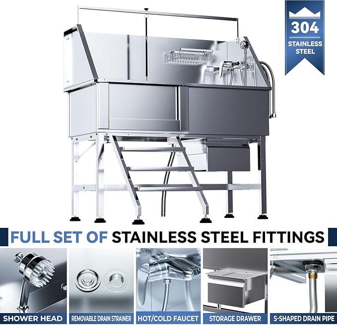 Dog Washing Station for Home,Professional 46" Stainless Steel Dog Bathing Station Height Adjustable Dog Wash Station Dog Grooming Tub Ramp, Drawer, Floor Grate & Fauct (Left Stair)