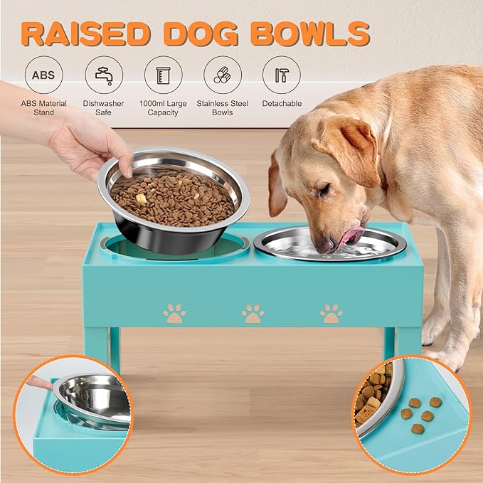 Elevated Dog Bowls with 2 Stainless Steel Bowls, Raised Dog Food Bowl Stand 5 Height Adjustable (3.1", 9", 10", 11", 12") Non-Slip Feeder Set for Medium and Large Dogs - Turquoise