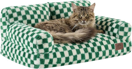 Hollypet Fluffy Plush Pet Cat Couch Soft Calming Pet Sofa Beds for Medium Small Cats and Dogs, Forest Green and White