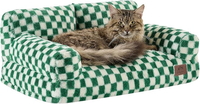 Hollypet Fluffy Plush Pet Cat Couch Soft Calming Pet Sofa Beds for Medium Small Cats and Dogs, Forest Green and White