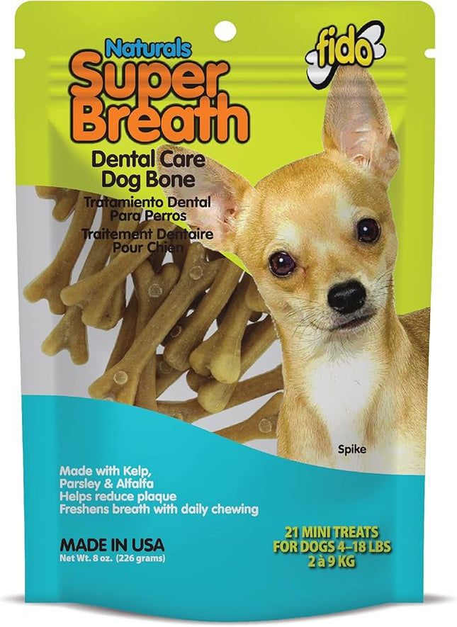Fido - Super Breath Dental Care Bones for Dogs - 21 Count Mini Dog Dental Treats for Small Dogs (Made in USA) - Tasty Dog Dental Chews Help Reduce Plaque, Tartar Buildup, and Freshens Breath