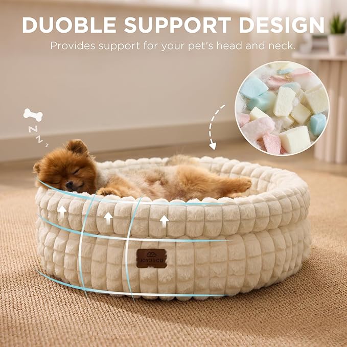 Joydeco Beige Cat Bed Kitten Bed, Washable Round Cat Beds for Indoor Cats, Ultra Soft Plush Pet Bed for Puppy and Kitten with Anti-Slip, Small