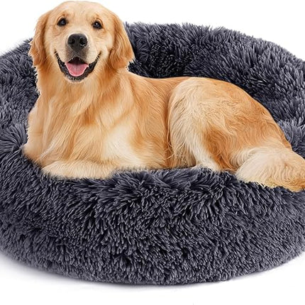 NOYAL Calming Donut Dog Bed for Small to Medium Dogs & Cats - Plush Faux Fur Anti-Anxiety Pet Bed with Machine Washable Cover & Non-Slip Base
