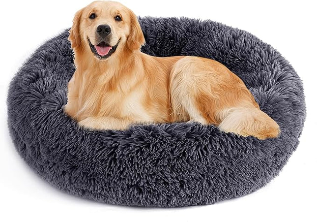 NOYAL Calming Donut Dog Bed for Small to Medium Dogs & Cats - Plush Faux Fur Anti-Anxiety Pet Bed with Machine Washable Cover & Non-Slip Base