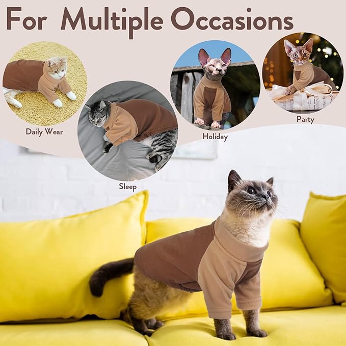 T'CHAQUE Cat Pajamas - Soft Cat Clothes& Shirts & Pajamas with Sleeves, Stretchy Sweater, Pullover Kitten Clothes, Darkbrown, XX-Large