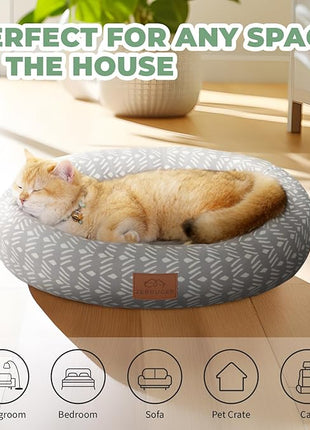 Cat Bed, 20In Dog Beds for Small Dogs, Calming Cat & Dog Beds for Indoor Pets, Pet Beds Comfortable Donut Round Ultra Soft (Grey Pattern, 20.0" L x 20.0" W x 6.5" Th)