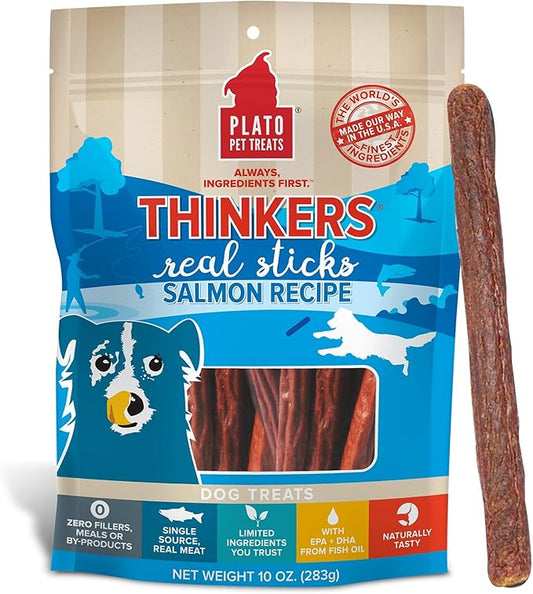 Plato Pet Treats Air Dried Dog Treats Salmon Thinkers Sticks, Natural Dog Treats, Real Meat, Air Dried, Made in the USA, 10oz