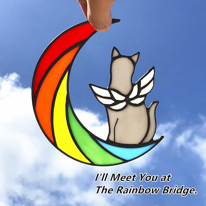 Grey Cat Memorial Gifts for Loss of Cat Sympathy Suncatcher, Rainbow Bridge Pet Memorial Bereavement Gifts, Stained Glass Window Hangings for Pet Lovers Loss