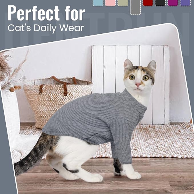 DENTRUN Sphynx Hairless Cats Shirt Pullover Kitten T-Shirts, Breathable Cat Wear Turtleneck Sweater Adorable Cat's Clothes Vest Pajamas Jumpsuit