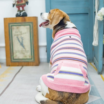 BINGPET Turtleneck Dog Sweater for Small Medium Large Dogs Boy or Girl,Warm Knitted Pullover Pet Sweaters,Colorful Striped Puppy Sweater with Cute Pocket,Great Gift for Pet in New Year(Pink,XS)