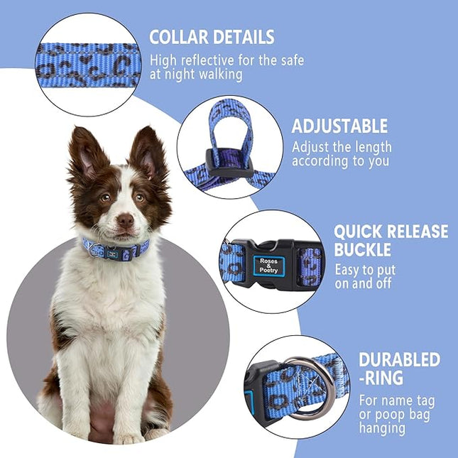 Roses&Poetry Dog Collars for Medium Dogs, Leopard Print Puppy Collar Adjustable Nylon Pet Collar Durable Reflective for Small Medium Large Dogs(Violet-Leopard M)