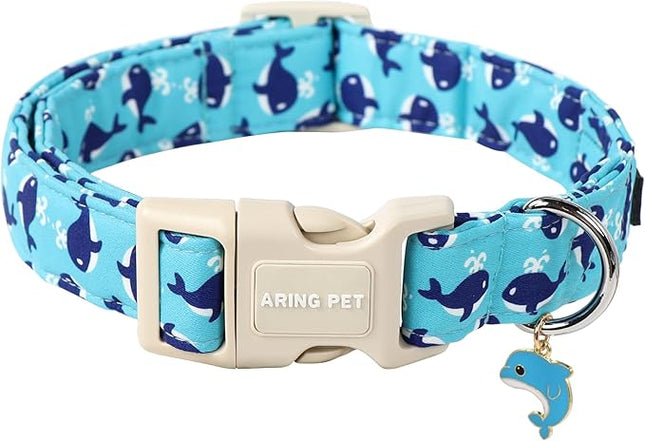 ARING PET Summer Dog Collar-Cute Blue Dog Collar for Small Dogs, Adjustable Cotton Whales Pet Collars Puppy Collar for Small Medium Large Dogs
