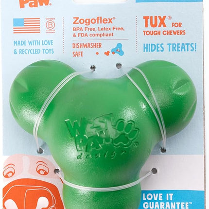 WEST PAW Tux Durable Dog Chew Toy and Treat Dispenser for Strong Chewers and Short Snouted Dog- Tough Interactive Design for Enrichment Training and Play - Made in USA Dishwasher Safe - Clover Green