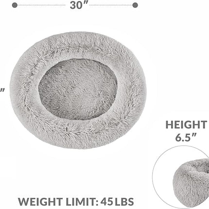 Friends Forever Serena Donut Memory Foam Orthopedic Dog Bed, Soft Faux Fur Oval Cat Couch For Indoor Pet, Fluffy Calming Plush Shag, Round Raised Bolster Cushion, Machine Washable Cuddler, Grey