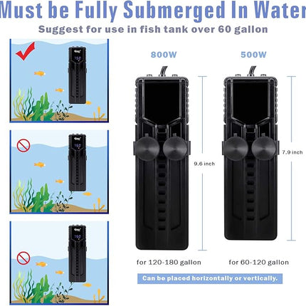 hygger 500W Metal Steel Aquarium Heater for Fresh Water, Digital Submersible Heater with Built-in Thermometer, External LCD Display Thermostat Controller, for Fish Tank 60-120 Gallon