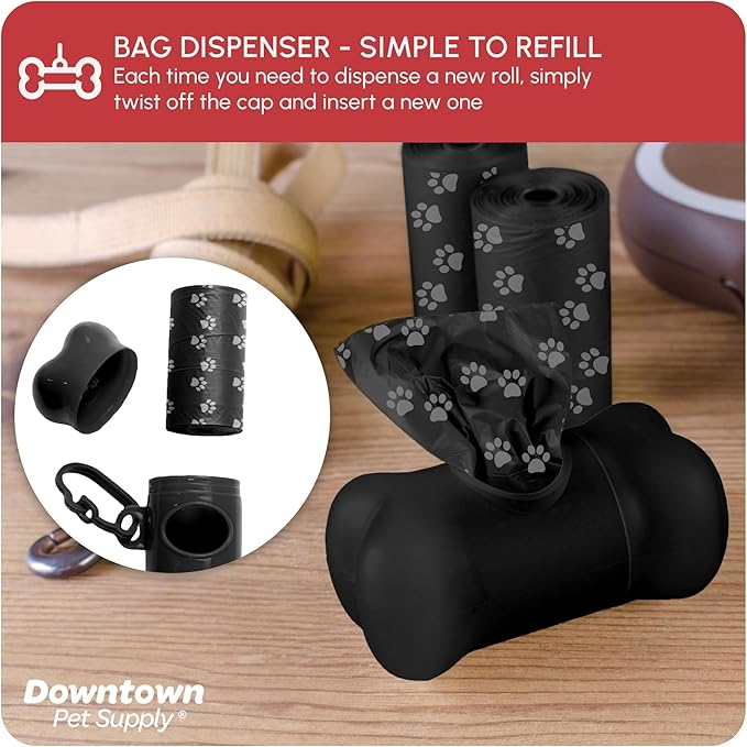 Downtown Pet Supply Poop Bags for Dogs with Dispenser, 180 Count - Leak-Proof Dog Waste Bags and Bone-Shaped Dog Poop Bags Holder for Leash - Black with Paw Prints, 12.5" x 8.5"