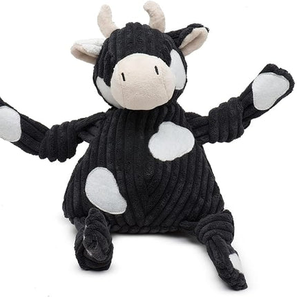 HuggleHounds Knottie Plush Dog Toy - Dog Stuffed Animal Toy, Puppy Toys, Squeaky Dog Toy for Small, Medium & Large Dogs, Durable Plush to Keep Them Busy - Angus Cow, Small
