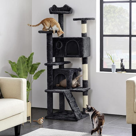 Yaheetech 62in Cat Tree Tower for Indoor Cats, Furniture w/Double Condo, Scratching Posts, Multiple Platforms and Balls for Kittens, Black