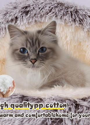 Cat Bed for Indoor Cats, Calming Cozy Cave with Self-Warming Plush, Entire Bed Machine Washable & Anti-Slip Base, Breathable Pet Bed for Small Cats&Dogs All Seasons (Khaki, 24 * 24inch)